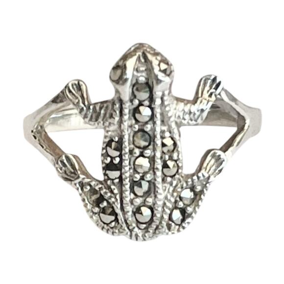 Frog Ring Jewelry - 1980s Vintage .925 Sterling Silver & Marcasite Frog Ring Size 7.25